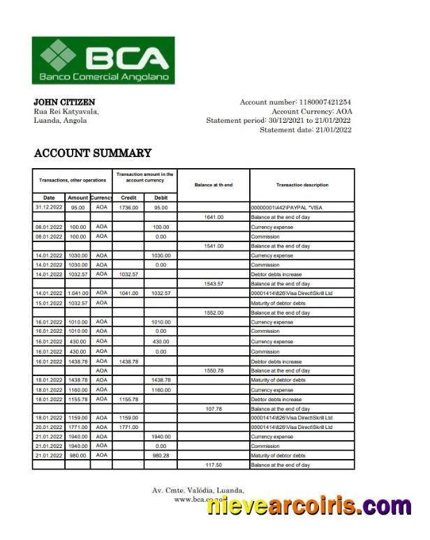 Angola Banco Comercial Angolano bank statement xls